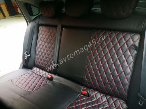 Авточехлы  Nissan Almera Ниссан Альмера 2013-2019г 2/3 экокожа черная красная нить ромб    фото 9