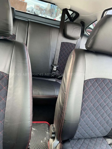 Авточехлы  Лада Granta Гранта  1/1 с 08.2018г экокожа алькантара черная с красной ниткой ромб фото 2