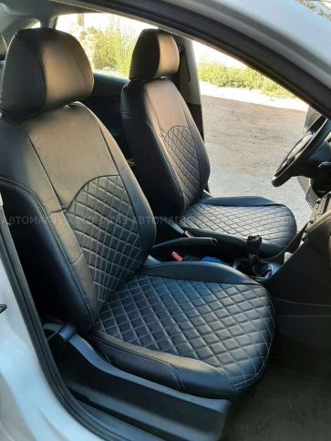 Авточехлы  Volkswagen Polo Фольцваген Поло седан 2/3 2010-2020г экокожа черная нить серая Ромб    фото 15