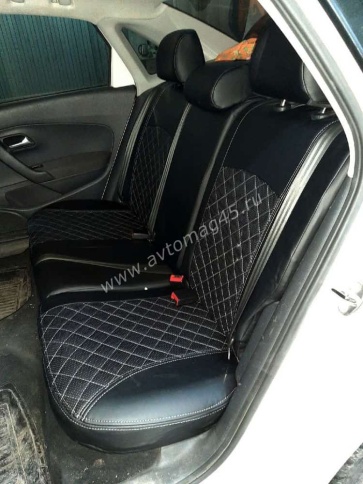 Авточехлы  Volkswagen Polo Фольцваген Поло седан 1/1 2010-2020г экокожа черная синяя нить Ромб    фото 4