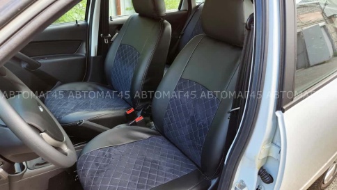 Авточехлы  Лада Granta Гранта до 08.2018г 1/1 2/3 экокожа алькантара черная с серой ниткой ромб    фото 1