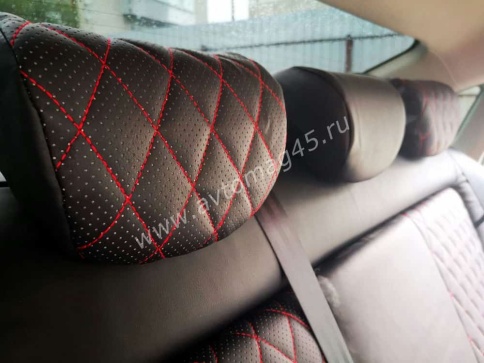 Авточехлы  Nissan Almera Ниссан Альмера 2013-2019г 2/3 экокожа черная красная нить ромб    фото 11