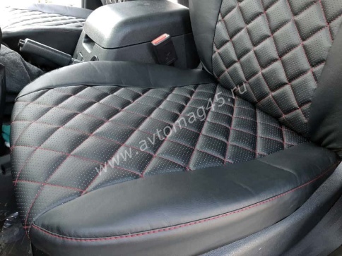 Авточехлы  УАЗ Patriot Патриот с 2014г экокожа черная красная нить ромб    фото 6