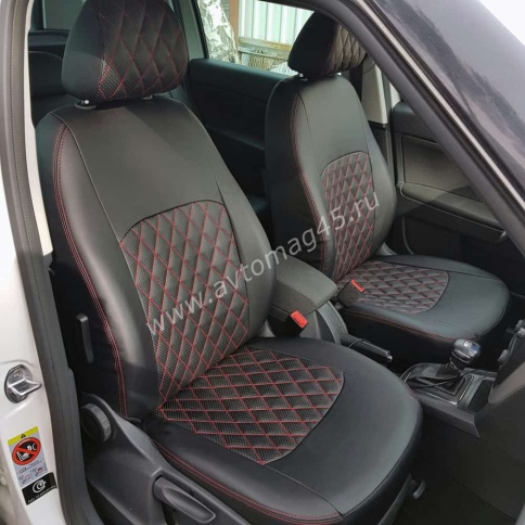 Авточехлы  Skoda Yeti Шкода Йети Skoda Roomster Румстер экокожа черная красная нить ромб    фото 1