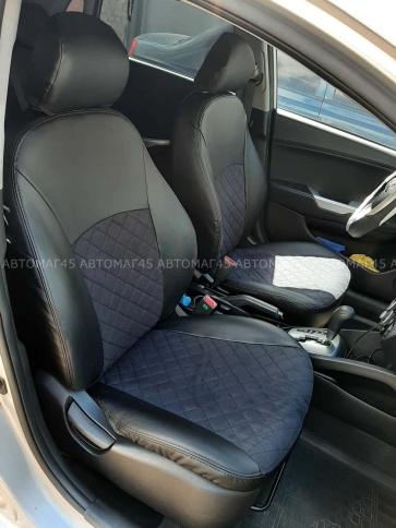 Авточехлы  Kia Rio Киа Рио 2011-2017г Hyundai Solaris 2011-2017г экокожа алькан черная сер.нить ромб фото 2