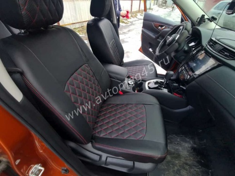Авточехлы  Nissan X-Trail Ниссан Х-Трейл 2007-2014г кузов T31 экокожа черная красная нить ромб    фото 2