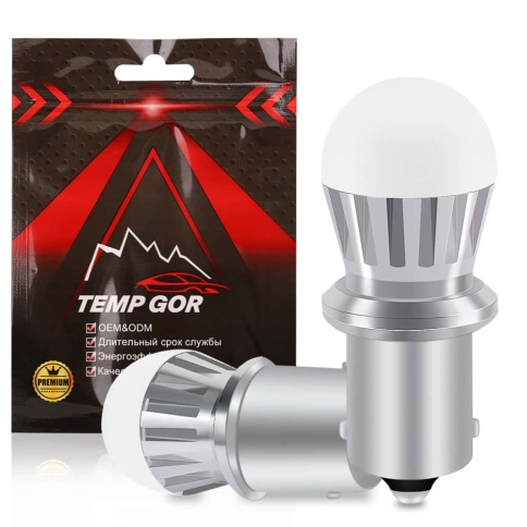 TGOR лампа светодиодная P21W T20 9SMD метал.цоколь 5500K 1400LM 12-24V одноконтактная белая 2шт   фото 1