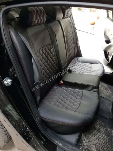 Авточехлы  Kia Cerato Киа Серато 2013-2020г 3 поколение экокожа черная красная нить ромб Динас    фото 3