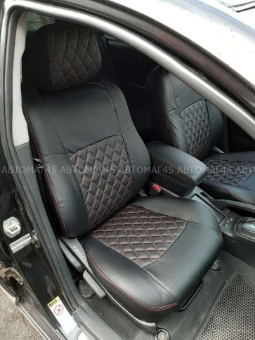 Авточехлы  Toyota Avensis Тойота Авенсис 2 поколение 2002-2009г экокожа черная красная нить ромб    фото 2