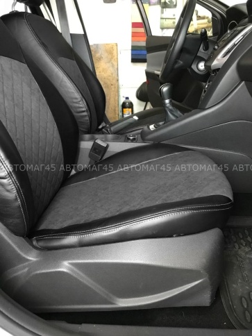 Авточехлы  Ford Focus 3 Форд Фокус 3 Trend экокожа алькантара черная серая нить ромб   фото 3