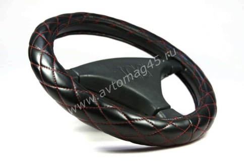 IGG  719 оплетка руля экокожа черный стеганый с красной отстрочкой    фото 3