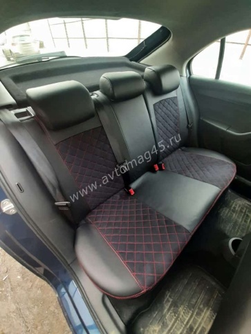 Авточехлы  Skoda Rapid с 2012г 2/3 Volkswagen Polo л/б с 2020г экокожа алькантара черная крас.н ромб фото 2