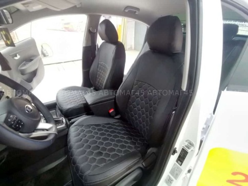 Авточехлы  Kia Rio Киа Рио 2011-2017г Hyundai Solaris 2011-2017г экокожа черная сер.н соты г.Ростов фото 4