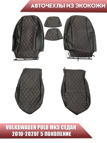 Авточехлы  Volkswagen Polo Фольцваген Поло седан 1/1 2010-2020г экокожа черная нить красн ромб Барс фото 1