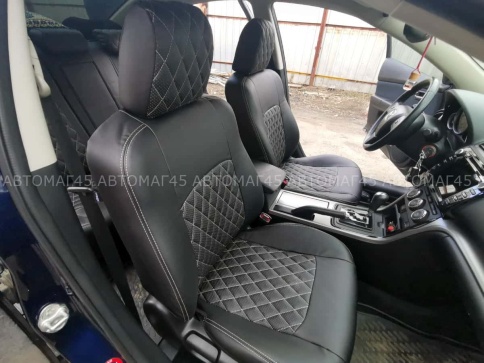 Авточехлы  Mazda 3 Мазда 3 2003-2009г экокожа черная серая нить ромб    фото 3