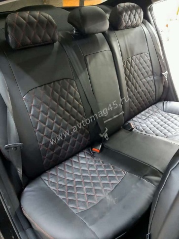 Авточехлы  Kia Cerato Киа Серато 2013-2020г 3 поколение экокожа черная красная нить ромб Динас    фото 4