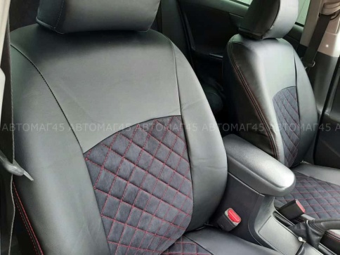 Авточехлы  Toyota Corolla Тойота Королла 2007-2013г кузов 150 экокожа алькант черная крас.нить ромб фото 5