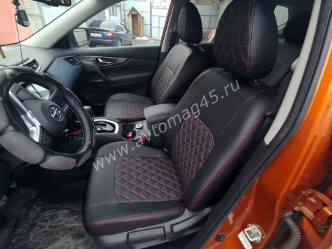 Авточехлы  Nissan X-Trail Ниссан Х-Трейл 2007-2014г кузов T31 экокожа черная красная нить ромб    фото 7