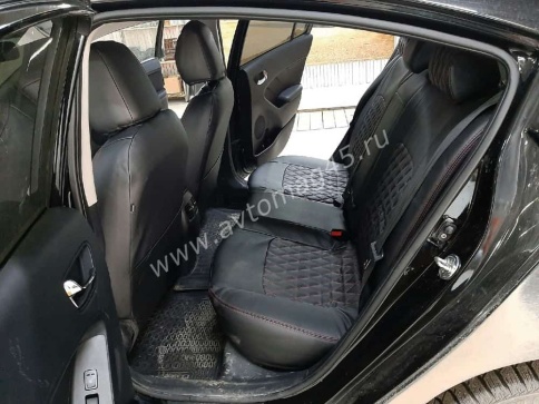 Авточехлы  Kia Cerato Киа Серато 2013-2020г 3 поколение экокожа черная красная нить ромб Динас    фото 7