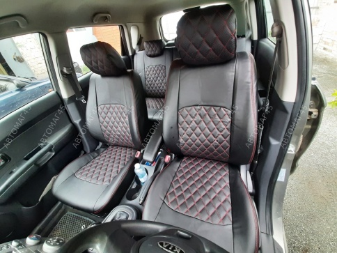 Авточехлы  Kia Soul Киа Соул 2018-2022г 3 поколение экокожа черная красная нить ромб    фото 6