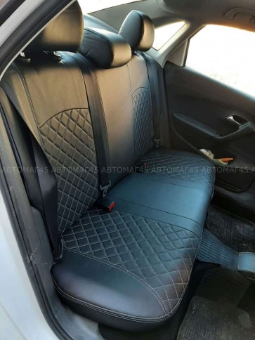 Авточехлы  Volkswagen Polo Фольцваген Поло седан 1/1 2010-2020г экокожа черная синяя нить Ромб    фото 16