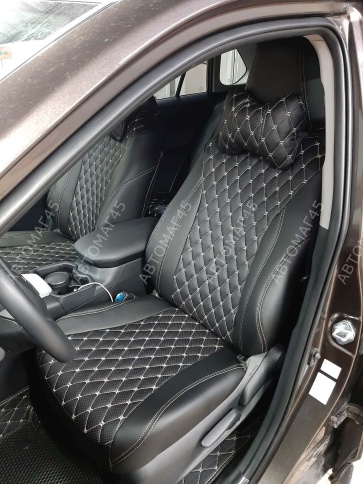 Авточехлы  Toyota Land Cruiser Prado 2017-2022г кузов J150 экокожа черная бежевая нить ромб Maximal фото 1