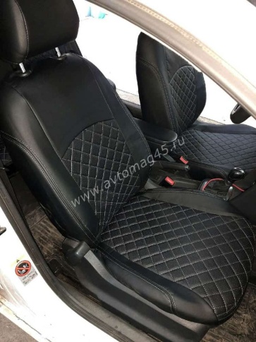 Авточехлы  Volkswagen Polo Фольцваген Поло седан 1/1 2010-2020г экокожа черная синяя нить Ромб    фото 1