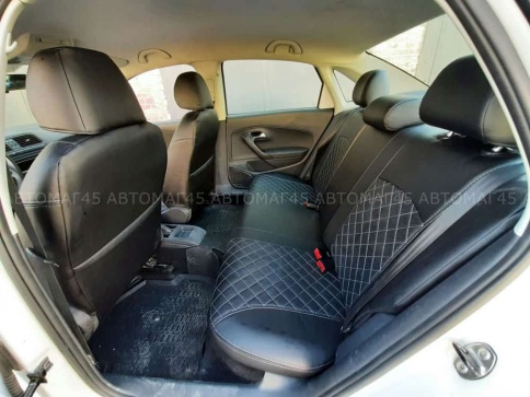 Авточехлы  Volkswagen Polo Фольцваген Поло седан 1/1 2010-2020г экокожа черная синяя нить Ромб    фото 8