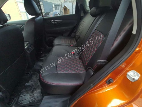 Авточехлы  Nissan X-Trail Ниссан Х-Трейл 2007-2014г кузов T31 экокожа черная красная нить ромб    фото 3