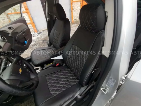 Авточехлы  Chevrolet Aveo Шевроле Авео 2005-2012г экокожа черная серая нить ромб    фото 6
