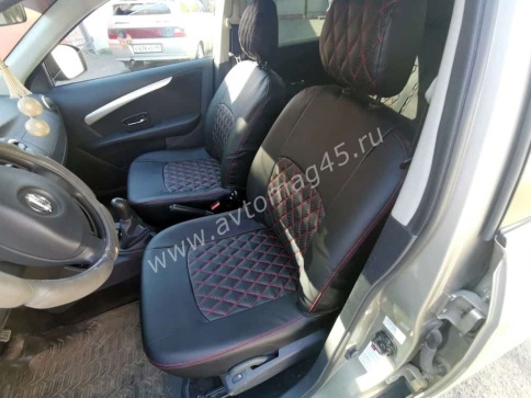 Авточехлы  Nissan Almera Ниссан Альмера 2013-2019г 2/3 экокожа черная красная нить ромб    фото 1