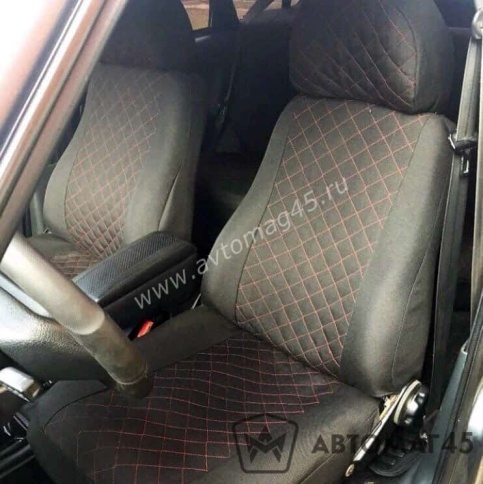 Авточехлы  Нива трехдверная до 11.2019г 21213 21214 жаккард черный с красной ниткой стандарт Барс фото 1