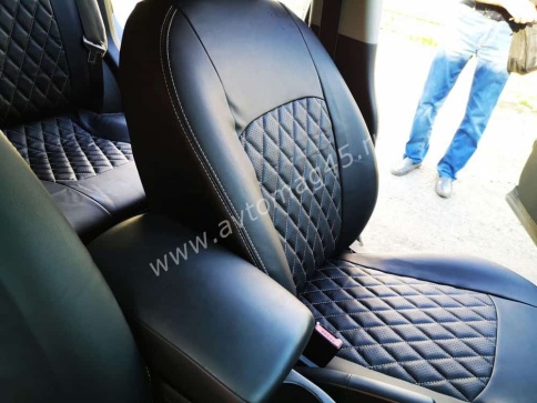 Авточехлы  Nissan Qashqai + 2 Ниссан Кашкай +2 2008-2014г 5 мест экокожа черный ромб    фото 5