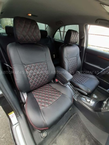 Авточехлы  Toyota Avensis Тойота Авенсис 2 поколение 2002-2009г экокожа черная красная нить ромб    фото 4