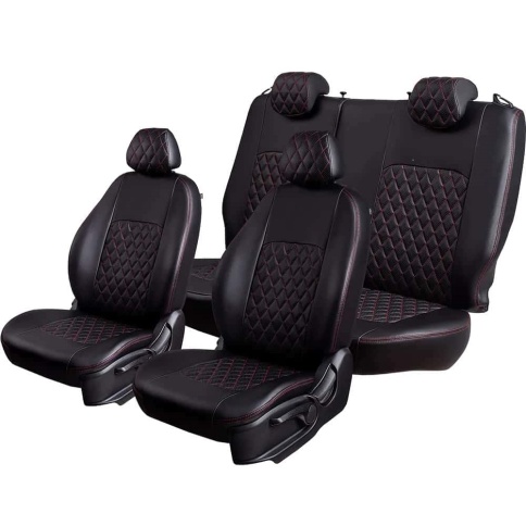 Авточехлы  Lada X-Ray Лада Х-Рей экокожа черная с красной ниткой ромб    фото 8