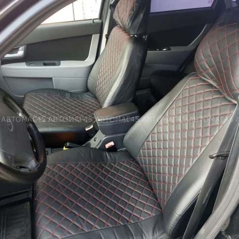 Авточехлы  ВАЗ 2111 2112 Приора хэтчбек до 2014г экокожа черная с красной ниткой ромб Барс   фото 1