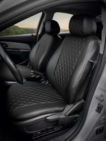 Авточехлы  Chevrolet Cruze Шевроле Круз экокожа черная черная нить ромб Барс     фото 1
