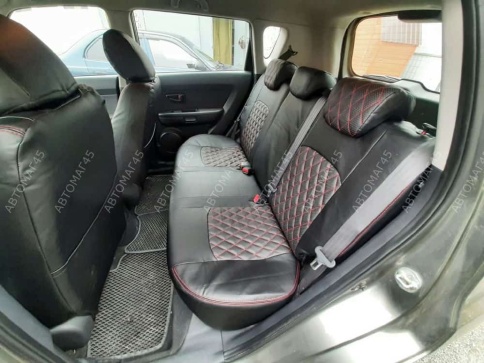Авточехлы  Kia Soul Киа Соул 2008-2014г 1 поколение экокожа черная красная нить ромб фото 6