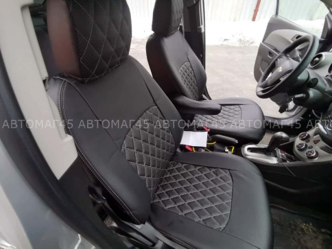 Авточехлы  Chevrolet Aveo Шевроле Авео 2005-2012г экокожа черная серая нить ромб    фото 1