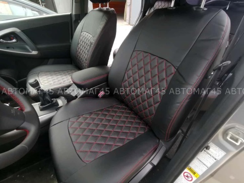 Авточехлы  Toyota RAV4 Тойота Рав4 2000-2006г Chery Tiggo 2005-2013г экокожа черная крас.нить ромб   фото 3
