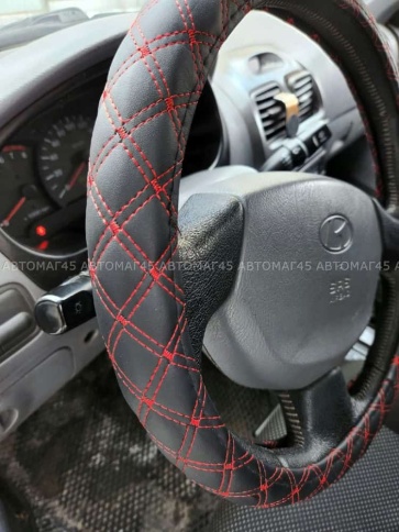 C2R  оплетка руля кожа черная двойной ромб красная нитка размер 37-39см М С504R   фото 2