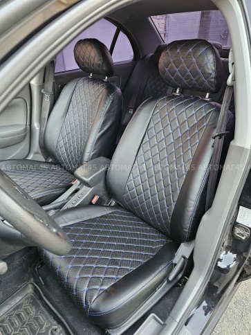 Авточехлы  Nissan Almera classic Ниссан Альмера классик 2006-2013г экокожа черный ромб синяя нить    фото 1