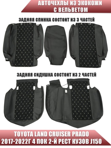Авточехлы  Toyota Land Cruiser Prado 2017-2022г кузов J150 экокожа вельвет черная бежев нить Maximal фото 2