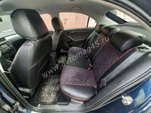 Авточехлы  Skoda Rapid с 2012г 2/3 Volkswagen Polo л/б с 2020г экокожа алькантара черная крас.н ромб фото 6