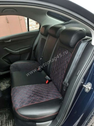 Авточехлы  Skoda Rapid с 2012г 2/3 Volkswagen Polo л/б с 2020г экокожа алькантара черная крас.н ромб фото 5