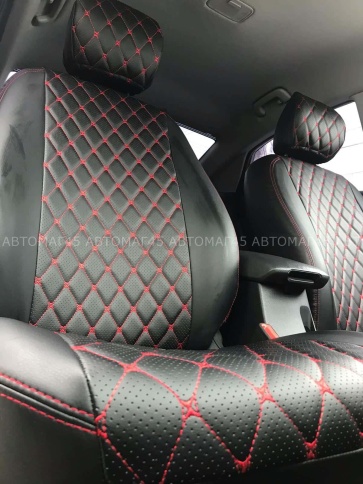 Авточехлы  Chevrolet Cruze Шевроле Круз экокожа черная красная нить ромб Барс     фото 1