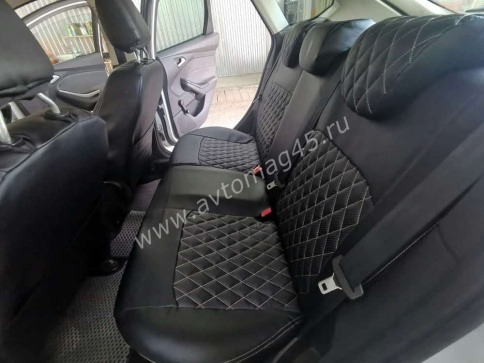 Авточехлы  Ford Focus 3 Форд Фокус 3 Trend экокожа черная серая нить ромб    фото 5