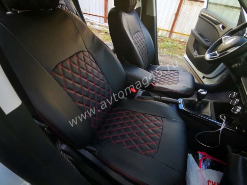 Авточехлы  Renault Arkana Рено Аркана 2018-2022г экокожа черная красная нить ромб    фото 2