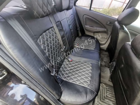 Авточехлы  Nissan Almera Ниссан Альмера 2000-2006г кузов N16 2/3 экокожа черная серая нить ромб    фото 4