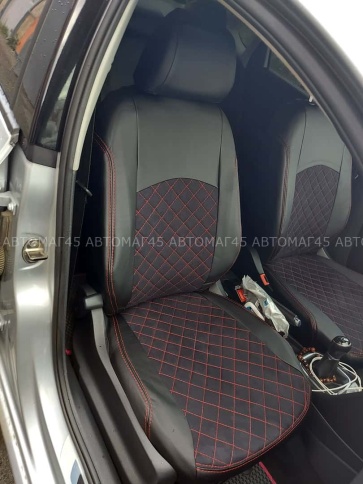 Авточехлы  Volkswagen Polo Поло седан 2/3 2010-2020г экокожа алькантара черная нить красная Ромб    фото 1